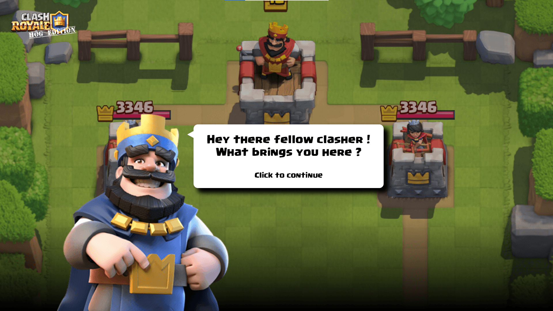 The tutorial-styled introduction with the animated Hog Rider avatar