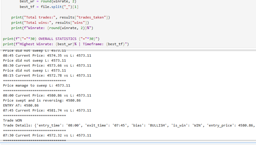 Notebook output showing successful simulated trade execution after sweep was detected
