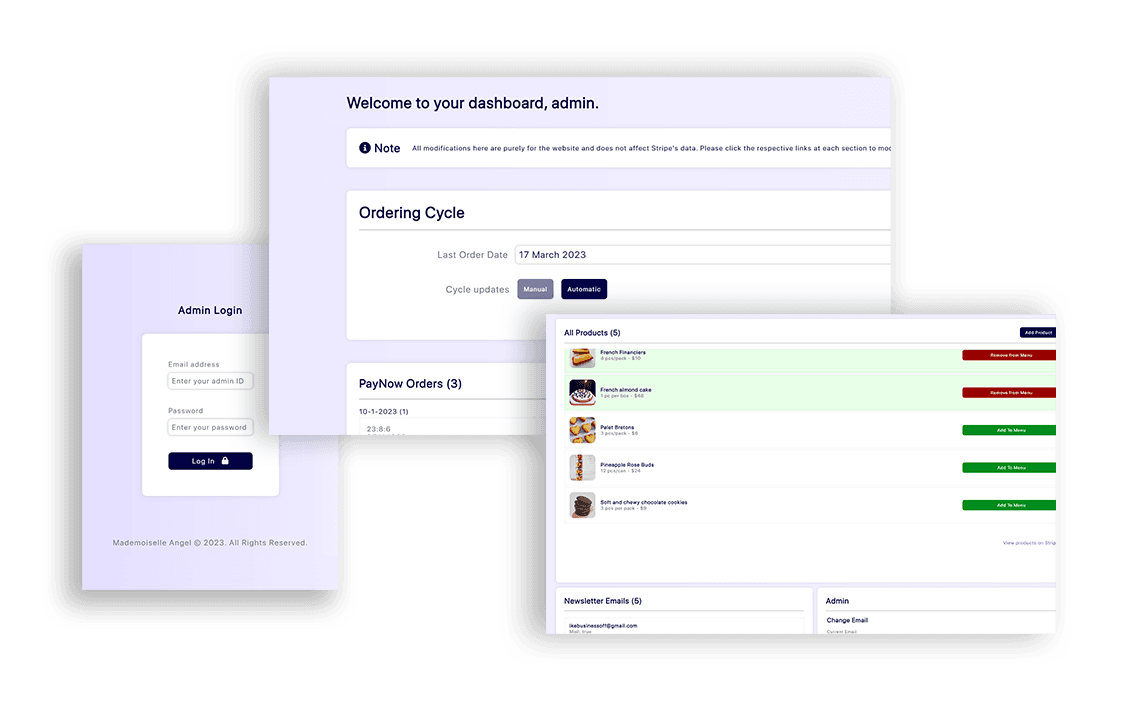 Full dashboard for admins, along with a functional CMS and inventory management