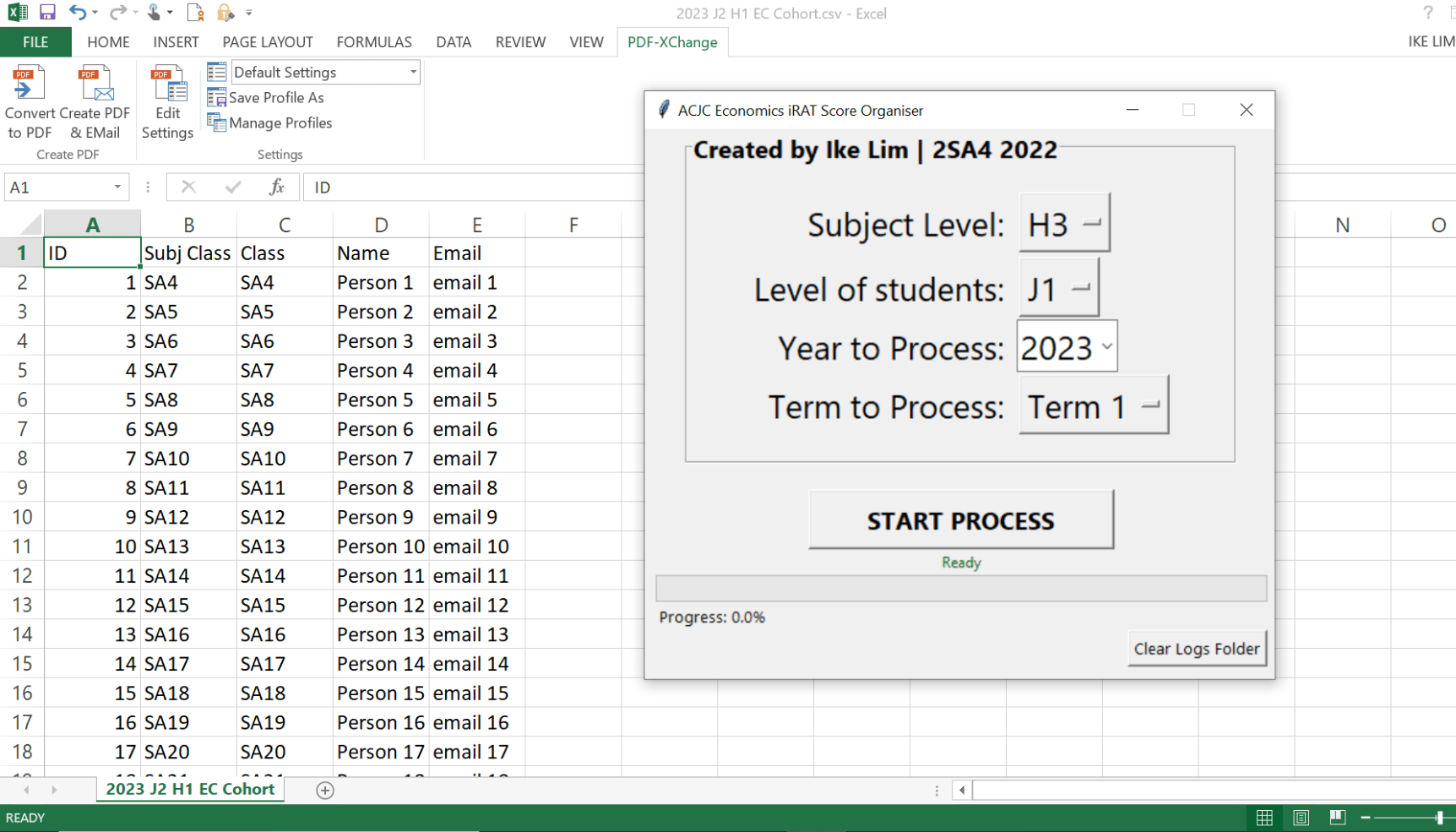 The TKinter interface listing classes and students for score entry