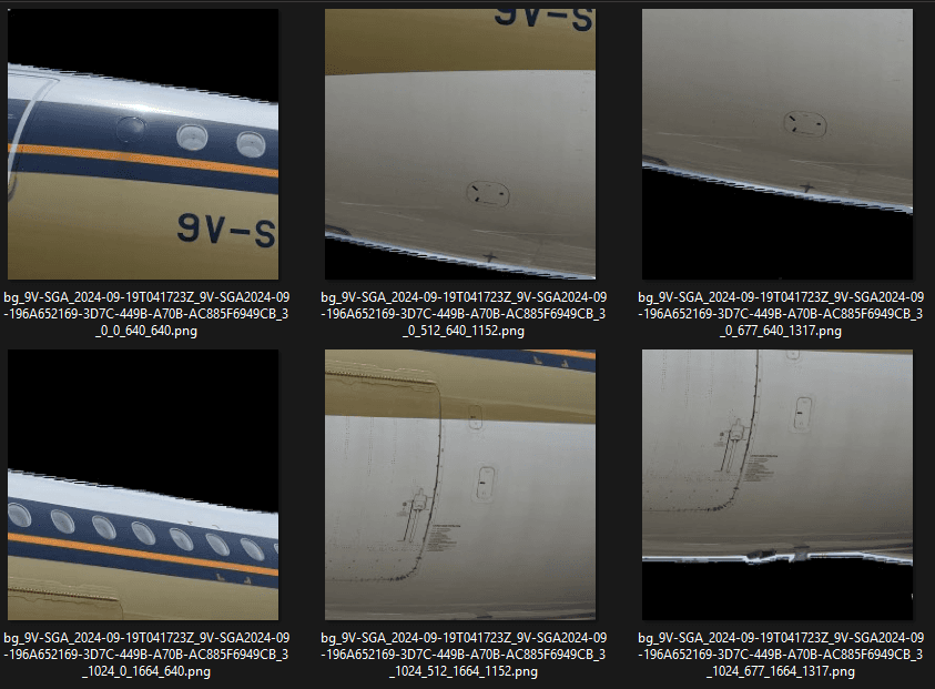 Inspection photo of an airframe isolated by background removal and tiled into 320x320 crops