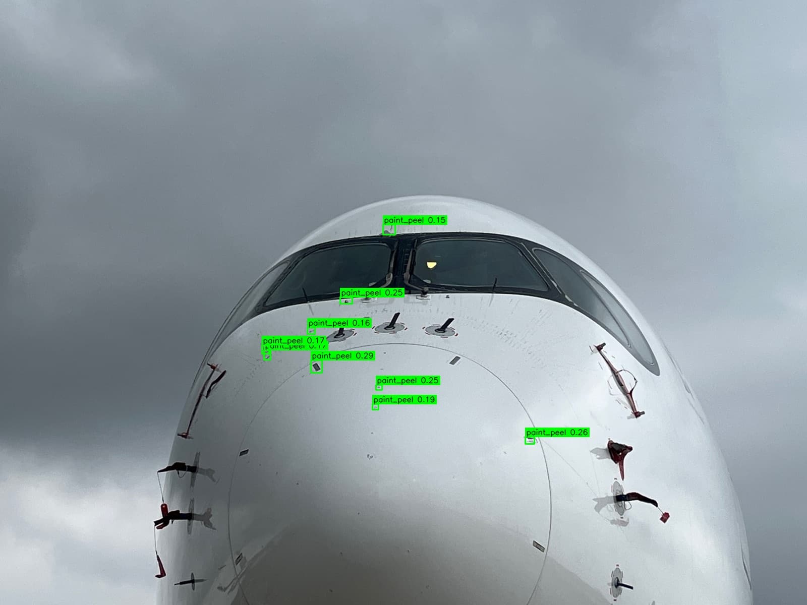 Annotated fuselage view with detected paint-peel regions